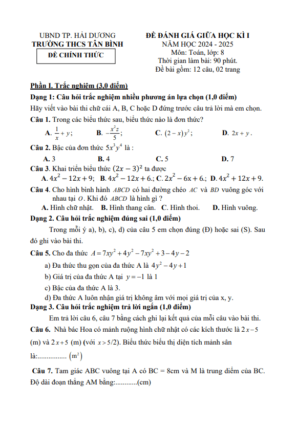 Đề giữa học kì 1 Toán 8 năm 2024 – 2025 trường THCS Tân Bình – Hải Dương