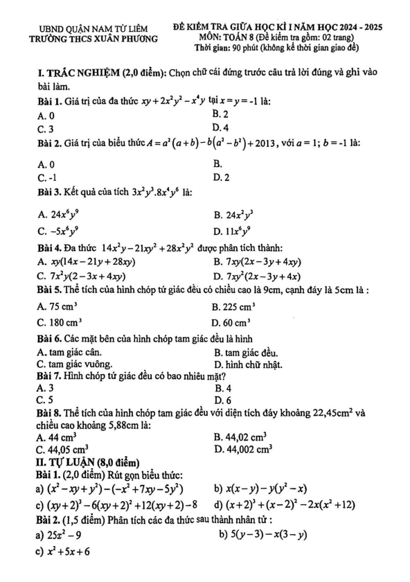 Đề giữa học kì 1 Toán 8 năm 2024 – 2025 trường THCS Xuân Phương – Hà Nội