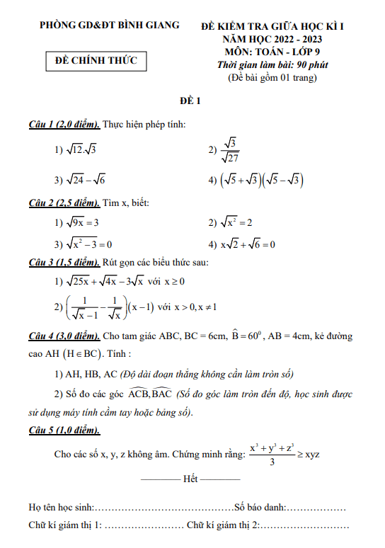 Đề giữa học kì 1 Toán 9 năm 2022 – 2023 phòng GD&ĐT Bình Giang – Hải Dương