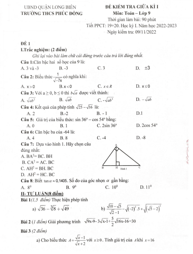 Đề giữa học kì 1 Toán 9 năm 2022 – 2023 trường THCS Phúc Đồng – Hà Nội