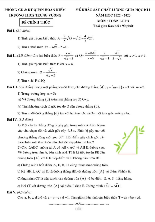 Đề giữa học kì 1 Toán 9 năm 2022 – 2023 trường THCS Trưng Vương – Hà Nội