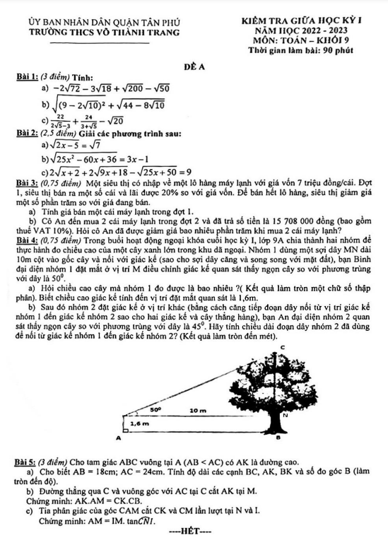 Đề giữa học kì 1 Toán 9 năm 2022 – 2023 trường THCS Võ Thành Trang – TP HCM