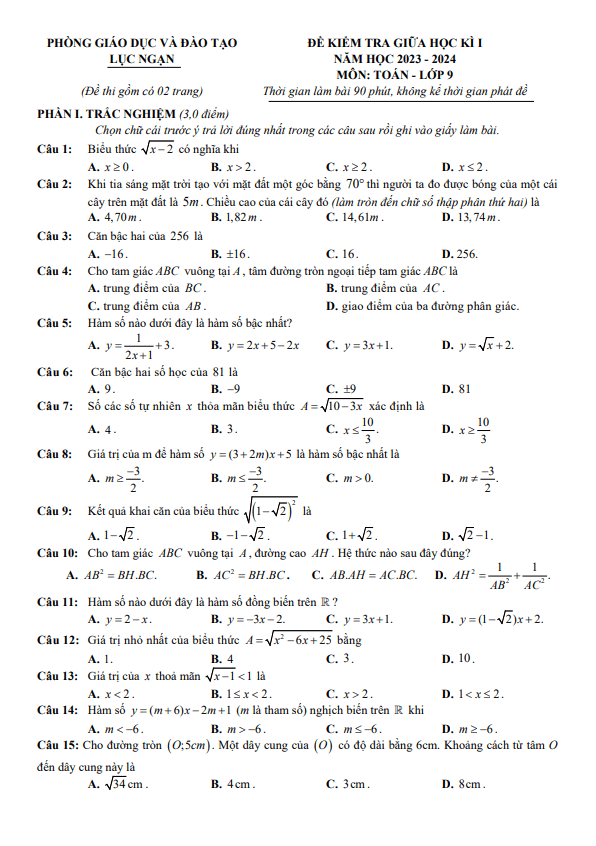 Đề giữa học kì 1 Toán 9 năm 2023 – 2024 phòng GD&ĐT Lục Ngạn – Bắc Giang