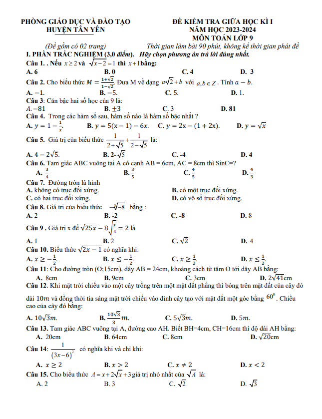 Đề giữa học kì 1 Toán 9 năm 2023 – 2024 phòng GD&ĐT Tân Yên – Bắc Giang