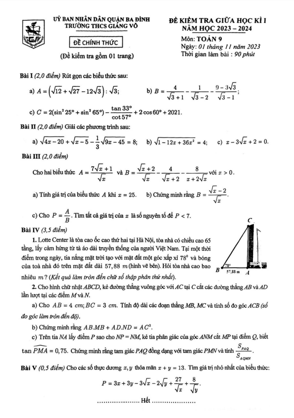 Đề giữa học kì 1 Toán 9 năm 2023 – 2024 trường THCS Giảng Võ – Hà Nội