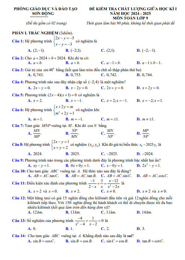 Đề giữa học kì 1 Toán 9 năm 2024 – 2025 phòng GD&ĐT Sơn Động – Bắc Giang