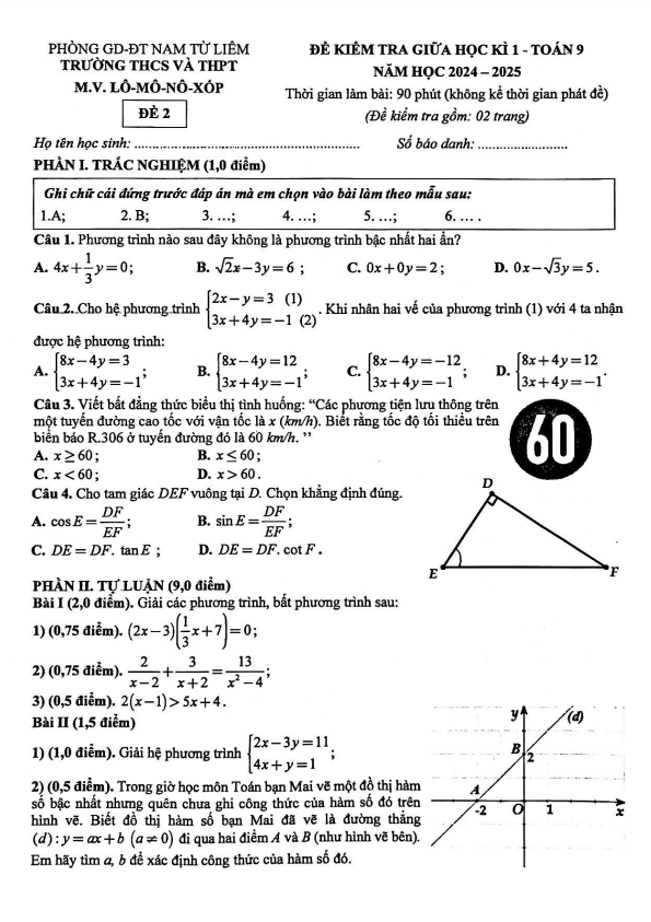 Đề giữa học kì 1 Toán 9 năm 2024 – 2025 trường M.V. Lômônôxốp – Hà Nội