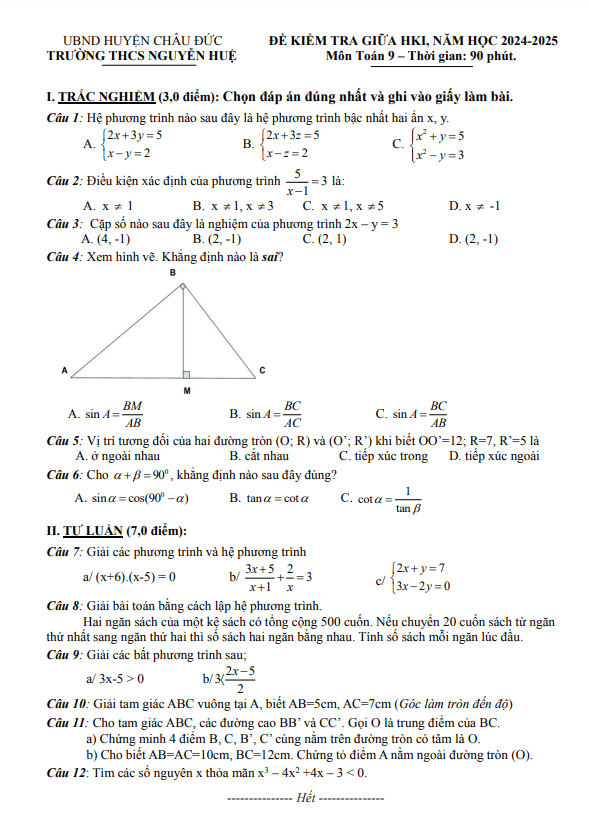 Đề giữa học kì 1 Toán 9 năm 2024 – 2025 trường THCS Nguyễn Huệ – BR VT