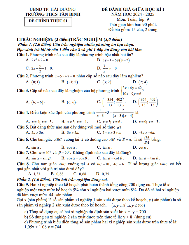 Đề giữa học kì 1 Toán 9 năm 2024 – 2025 trường THCS Tân Bình – Hải Dương