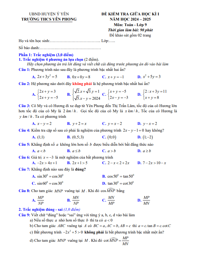 Đề giữa học kì 1 Toán 9 năm 2024 – 2025 trường THCS Yên Phong – Nam Định