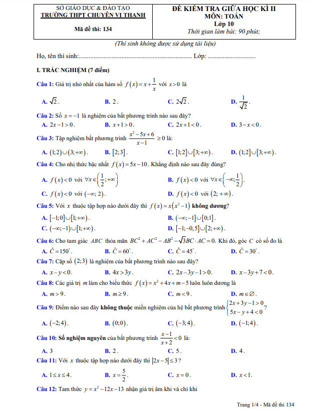 Đề giữa học kì 2 Toán 10 năm 2021 – 2022 trường chuyên Vị Thanh – Hậu Giang