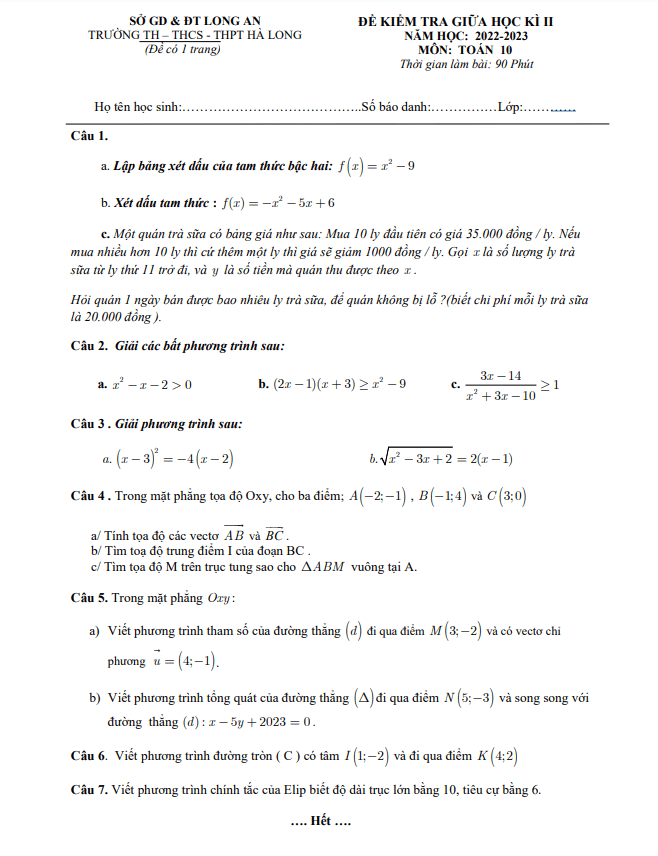 Đề giữa học kì 2 Toán 10 năm 2022 – 2023 trường Hà Long – Long An