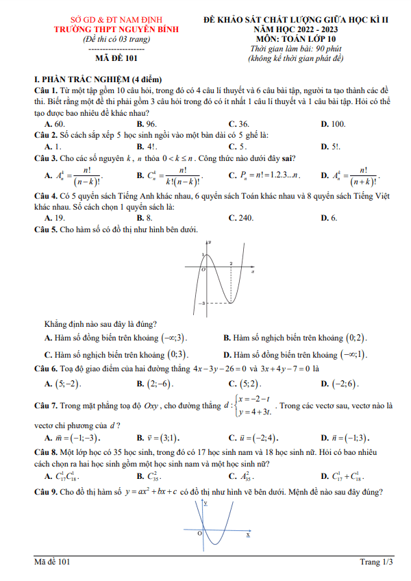 Đề giữa học kì 2 Toán 10 năm 2022 – 2023 trường THPT Nguyễn Bính – Nam Định