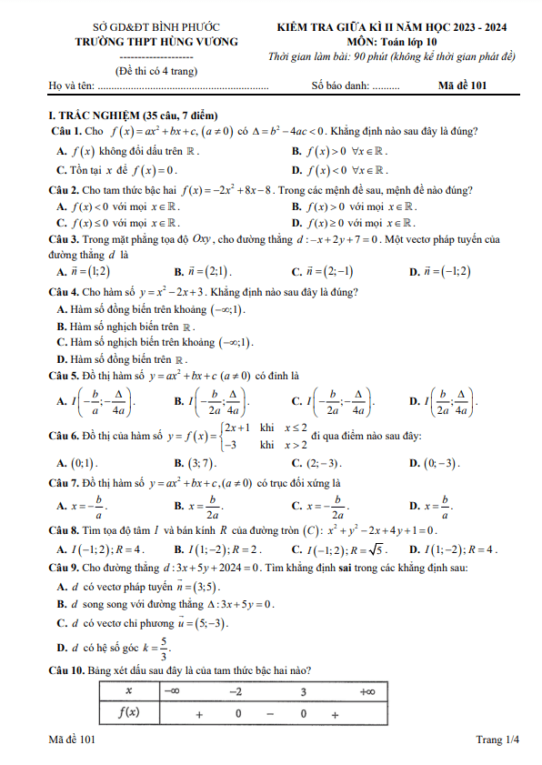 Đề giữa học kì 2 Toán 10 năm 2023 – 2024 trường THPT Hùng Vương – Bình Phước