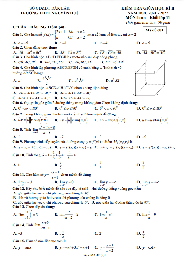 Đề giữa học kì 2 Toán 11 năm 2021 – 2022 trường THPT Nguyễn Huệ – Đắk Lắk