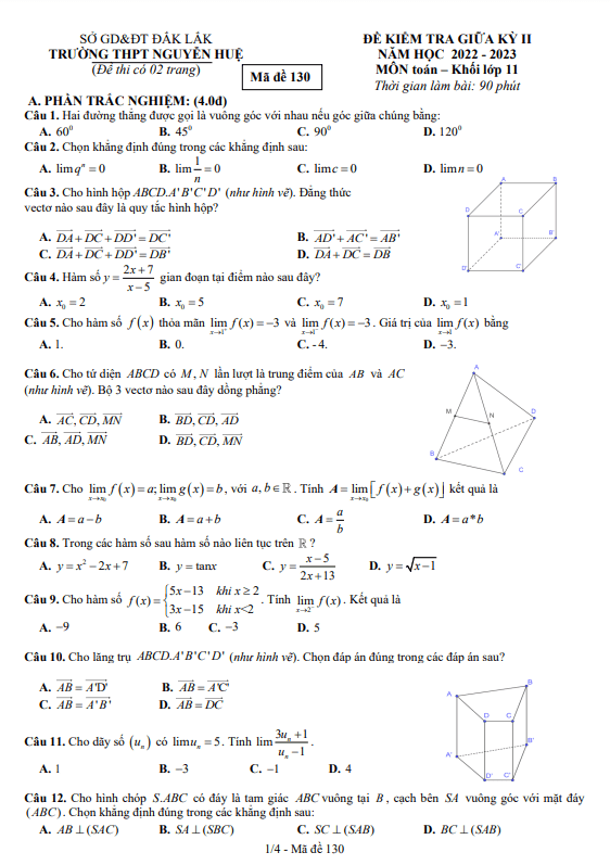 Đề giữa học kì 2 Toán 11 năm 2022 – 2023 trường THPT Nguyễn Huệ – Đắk Lắk