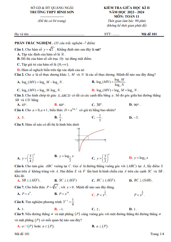 Đề giữa học kì 2 Toán 11 năm 2023 – 2024 trường THPT Bình Sơn – Quảng Ngãi