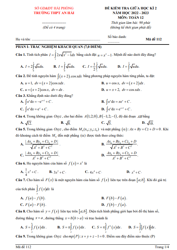 Đề giữa học kì 2 Toán 12 năm 2022 – 2023 trường THPT An Hải – Hải Phòng