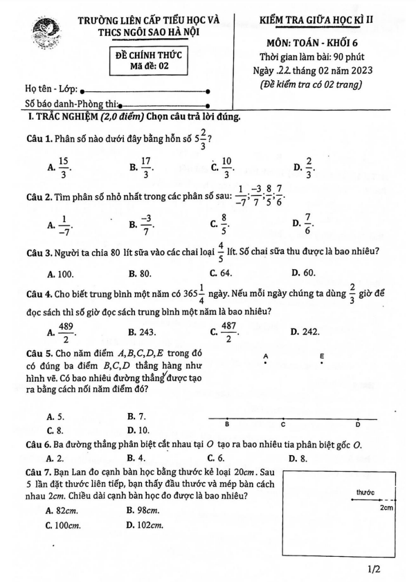 Đề giữa học kì 2 Toán 6 năm 2022 – 2023 trường TH & THCS Ngôi Sao Hà Nội