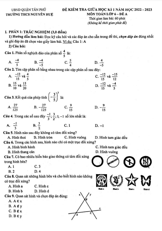 Đề giữa học kì 2 Toán 6 năm 2022 – 2023 trường THCS Nguyễn Huệ – TP HCM