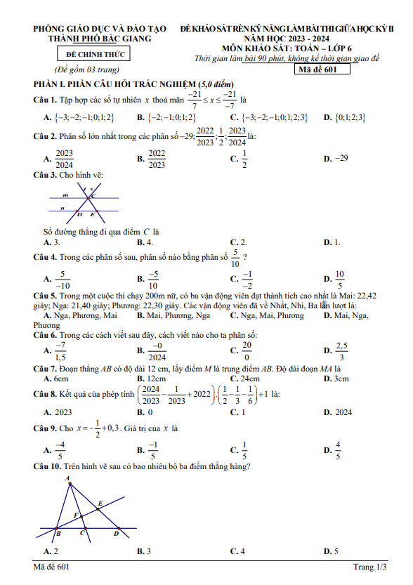 Đề giữa học kì 2 Toán 6 năm 2023 – 2024 phòng GD&ĐT thành phố Bắc Giang