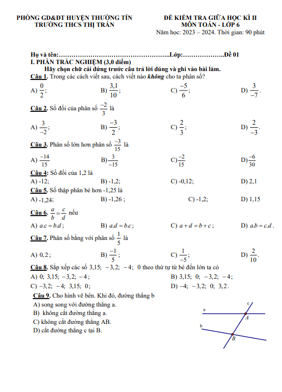 Đề giữa học kì 2 Toán 6 năm 2023 – 2024 trường THCS Thị Trấn – Hà Nội