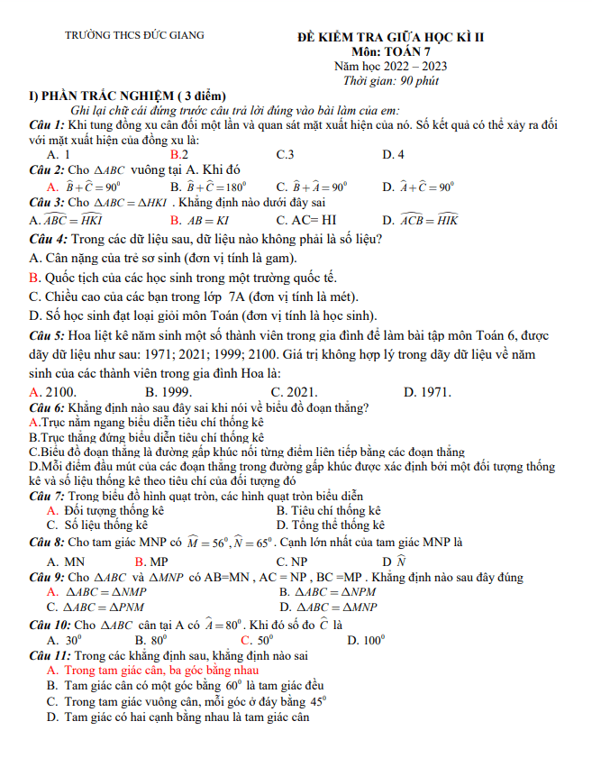 Đề giữa học kì 2 Toán 7 năm 2022 – 2023 trường THCS Đức Giang – Hà Nội