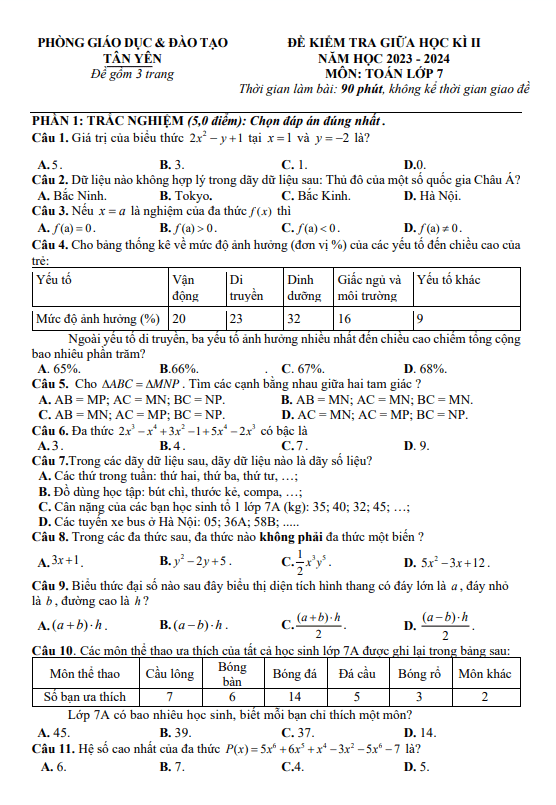 Đề giữa học kì 2 Toán 7 năm 2023 – 2024 phòng GD&ĐT Tân Yên – Bắc Giang