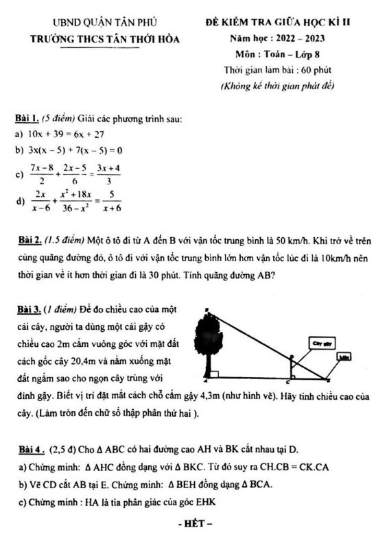Đề giữa học kì 2 Toán 8 năm 2022 – 2023 trường THCS Tân Thới Hòa – TP HCM