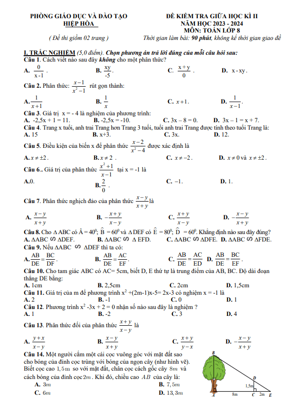 Đề giữa học kì 2 Toán 8 năm 2023 – 2024 phòng GD&ĐT Hiệp Hòa – Bắc Giang