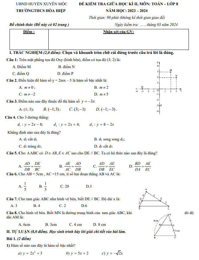 Đề giữa học kì 2 Toán 8 năm 2023 – 2024 trường THCS Hòa Hiệp – BR VT