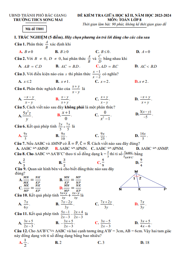 Đề giữa học kì 2 Toán 8 năm 2023 – 2024 trường THCS Song Mai – Bắc Giang