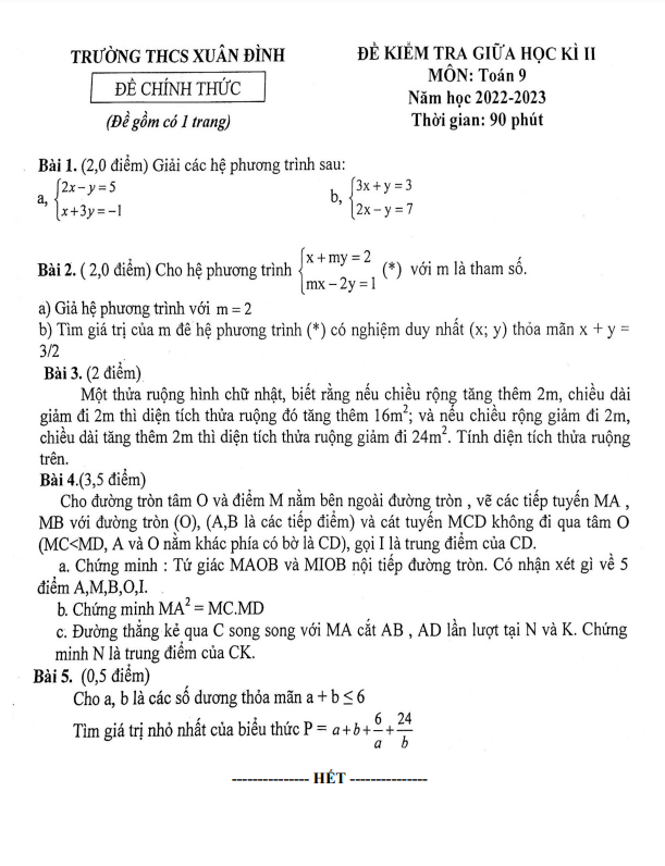 Đề giữa học kì 2 Toán 9 năm 2022 – 2023 trường THCS Xuân Đình – Hà Nội