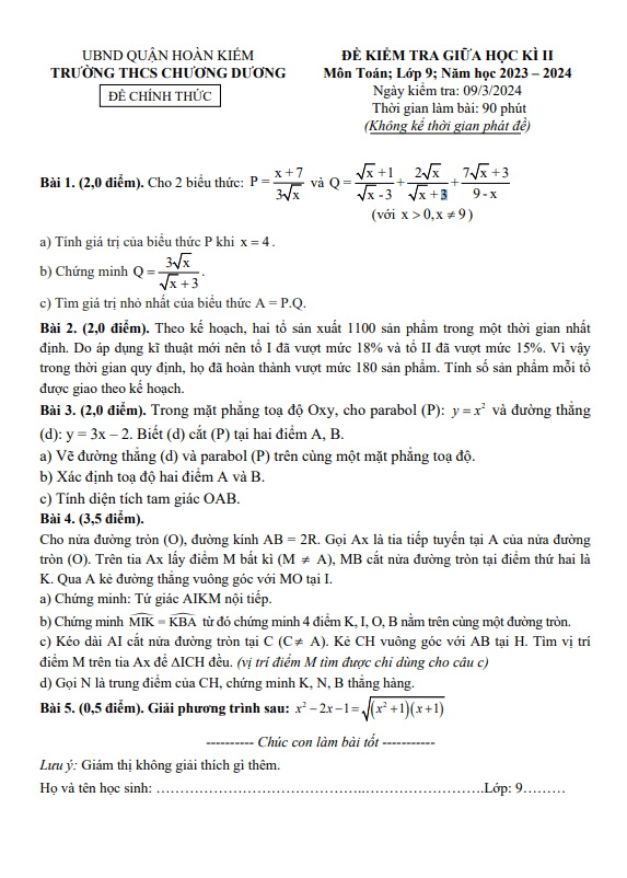 Đề giữa học kì 2 Toán 9 năm 2023 – 2024 trường THCS Chương Dương – Hà Nội