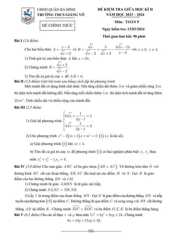 Đề giữa học kì 2 Toán 9 năm 2023 – 2024 trường THCS Giảng Võ – Hà Nội
