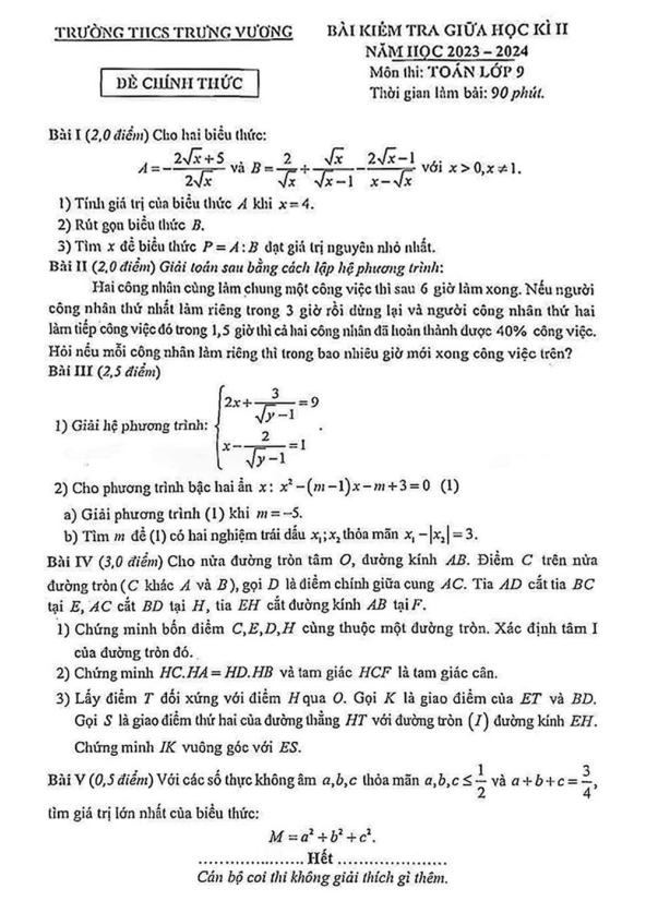 Đề giữa học kì 2 Toán 9 năm 2023 – 2024 trường THCS Trưng Vương – Hà Nội