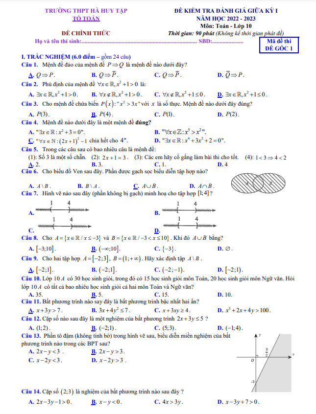 Đề giữa học kỳ 1 Toán 10 năm 2022 – 2023 trường THPT Hà Huy Tập – Hà Tĩnh