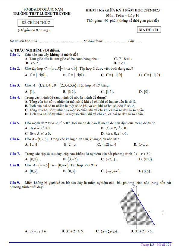 Đề giữa học kỳ 1 Toán 10 năm 2022 – 2023 trường THPT Lương Thế Vinh – Quảng Nam