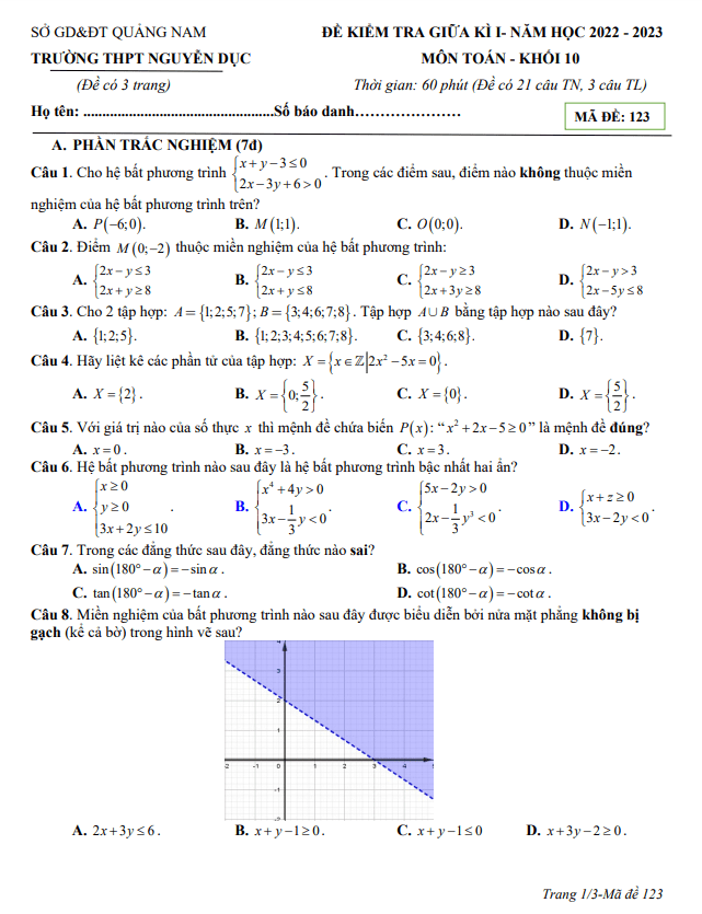Đề giữa học kỳ 1 Toán 10 năm 2022 – 2023 trường THPT Nguyễn Dục – Quảng Nam