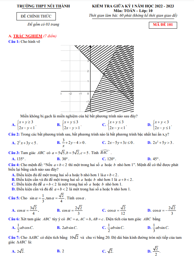 Đề giữa học kỳ 1 Toán 10 năm 2022 – 2023 trường THPT Núi Thành – Quảng Nam