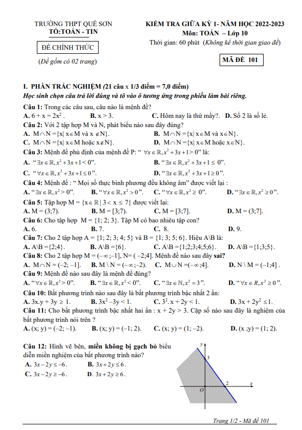 Đề giữa học kỳ 1 Toán 10 năm 2022 – 2023 trường THPT Quế Sơn – Quảng Nam