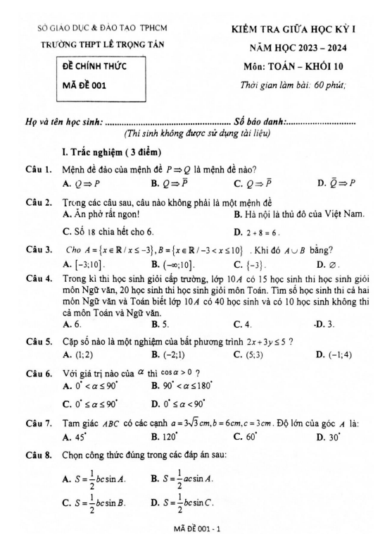 Đề giữa học kỳ 1 Toán 10 năm 2023 – 2024 trường THPT Lê Trọng Tấn – TP HCM