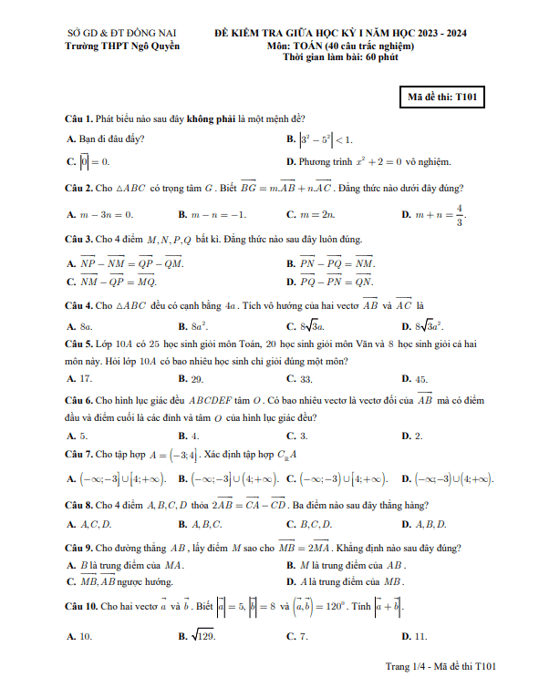 Đề giữa học kỳ 1 Toán 10 năm 2023 – 2024 trường THPT Ngô Quyền – Đồng Nai
