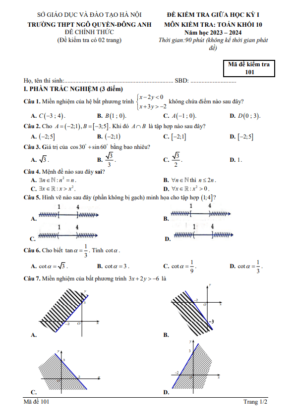 Đề giữa học kỳ 1 Toán 10 năm 2023 – 2024 trường THPT Ngô Quyền – Hà Nội