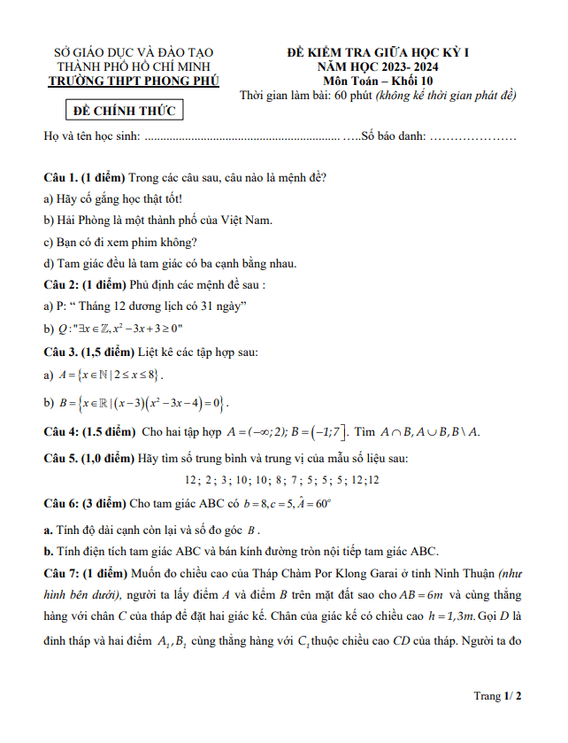 Đề giữa học kỳ 1 Toán 10 năm 2023 – 2024 trường THPT Phong Phú – TP HCM