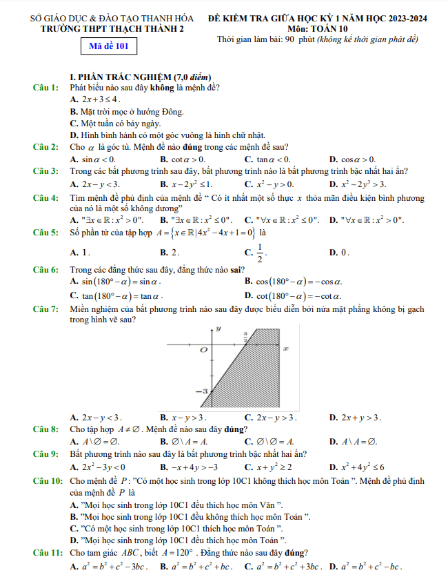 Đề giữa học kỳ 1 Toán 10 năm 2023 – 2024 trường THPT Thạch Thành 2 – Thanh Hóa