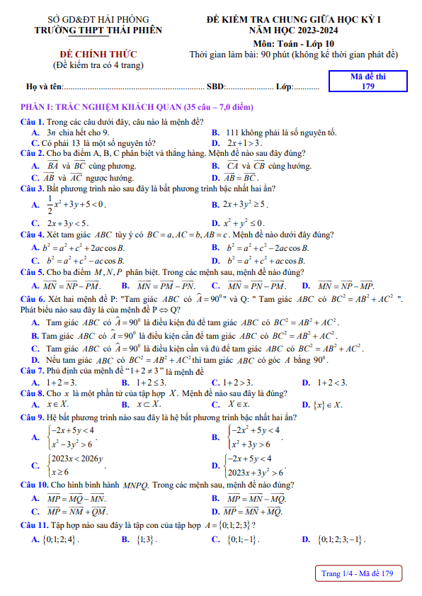 Đề giữa học kỳ 1 Toán 10 năm 2023 – 2024 trường THPT Thái Phiên – Hải Phòng