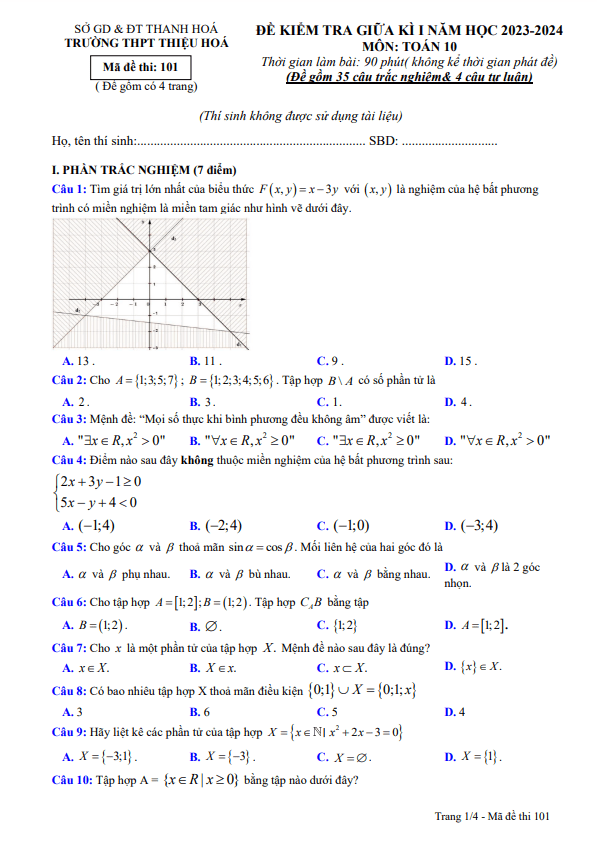 Đề giữa học kỳ 1 Toán 10 năm 2023 – 2024 trường THPT Thiệu Hóa – Thanh Hóa