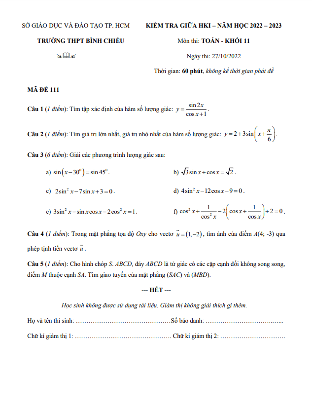 Đề giữa học kỳ 1 Toán 11 năm 2022 – 2023 trường THPT Bình Chiểu – TP HCM
