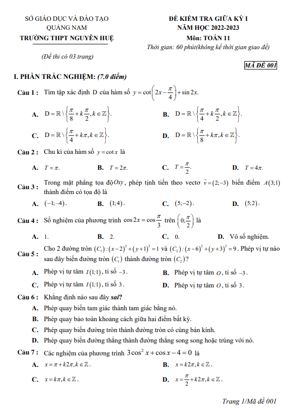 Đề giữa học kỳ 1 Toán 11 năm 2022 – 2023 trường THPT Nguyễn Huệ – Quảng Nam